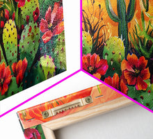 Cargar imagen en el visor de la galería, Colorful cactus garden in desert sunset, Framed Canvas Print, perfect for farmhouse living room, bohemian wall art
