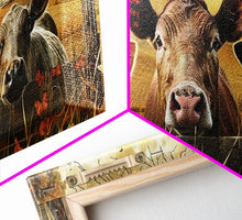 Carregar imagem no visualizador da galeria, Cute cows peeking through barn fence, Framed Canvas Print, ideal for farmhouse living room, country style wall art decor
