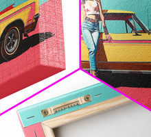 Load image into Gallery viewer, Bold Cowgirl Posing with Yellow Car, Pop Art Framed Canvas Print for Living Room, Ideal Bedroom Wall Art, Unique Home Decor
