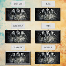 Load image into Gallery viewer, The Norns, Norse Mythology, Weavers of Fate, Framed Canvas Print,  Urðr, Verðandi, and Skuld, Black and White Norse Fantasy Art
