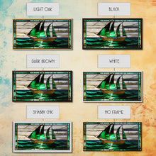 Load image into Gallery viewer, Emerald Green and Gold Art Deco Sail Boat, Framed Canvas Print, Retro MCM Style Wall Art, Midcentury Modern, Vintage Style, Stained Glass
