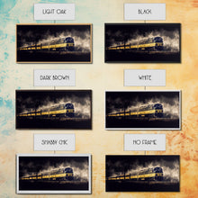 Carregar imagem no visualizador da galeria, Black Yellow Locomotive Wall Decor, Railroad Wall Decor, Railway Wall Art, Panoramic Wall Decor, Canvas Print, Wall Art, Framed Canvas Art
