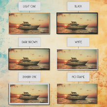 Carregar imagem no visualizador da galeria, An Abandoned Yacht at Sunset - Framed Canvas Print - Nautical Decor - Vaporwave Art - Liminal Spaces - Urban Decay - Eclectic Wall Art
