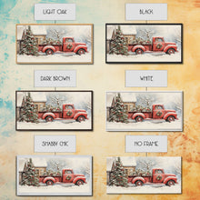 Cargar imagen en el visor de la galería, Christmas Tree Delivery - Retro Farmhouse Christmas Decor - Old Red Truck Delivering Christmas Trees - Framed Canvas Print - Holiday Decor
