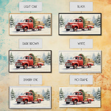 Cargar imagen en el visor de la galería, Christmas Tree Delivery - Retro Farmhouse Christmas Decor - Old Red Truck Delivering Christmas Trees - Framed Canvas Print - Holiday Decor
