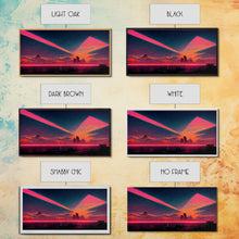 Load image into Gallery viewer, Cyberpunk lake art, city canvas, video game concept art, living room wall art, dystopian art, outrun city at sunset, man cave canvas print
