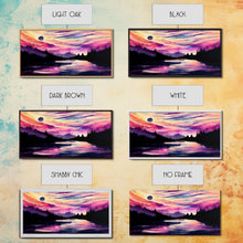Carregar imagem no visualizador da galeria, Beautiful lake at night canvas print, purple and pink sunset night sky, wall art canvas, lake front view, guest room, surreal Lakehouse Art
