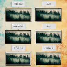Load image into Gallery viewer, Framed Canvas Print, Pine Tree Forest, Misty Forest Landscape, Fog Covered Mountain, Nature Landscape Decor
