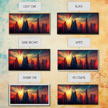 Load image into Gallery viewer, Cyberpunk canvas print, cyber punk city at sunset, Bladerunner vibes art, synthwave style art, cool wall art, night city
