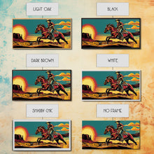 Load image into Gallery viewer, Cowboy Riding Through Desert, Southwestern Landscape Art, Framed Canvas Print, Boho Decor, Desert Art, Rustic Wall Art
