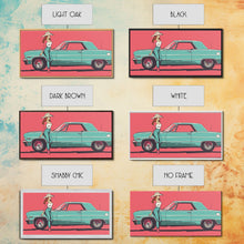 Load image into Gallery viewer, Cowgirl Leaning Against Classic Car in Pop Art Style, Vibrant Framed Canvas Print for Bedroom, Perfect Living Room Wall Art
