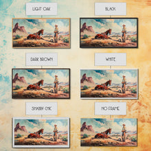 Load image into Gallery viewer, Cowboy and Horse in Desert Landscape, Rustic Farmhouse Art, Framed Canvas Print, Western Decor, Living Room Wall Art, Country Style
