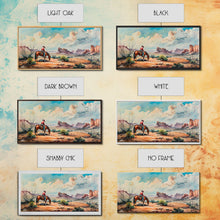 Load image into Gallery viewer, Cowboy Gazing Over Expansive Desert, Boho Western Landscape Art, Framed Canvas Print, Living Room Wall Decor, Rustic Country Style
