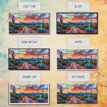 Carregar imagem no visualizador da galeria, Cacti and Mountains Under Sunset Sky, Vibrant Southwestern Landscape Art, Framed Canvas Print, Boho Living Room Decor, Desert Scene

