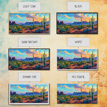 Load image into Gallery viewer, Desert Sunset with Cacti and Mountains, Abstract Southwestern Art, Framed Canvas Print, Rustic Boho Wall Decor, Living Room Art
