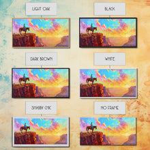 Load image into Gallery viewer, Cowboy on Horse Under Vibrant Sky, Farmhouse Style Framed Canvas Print for Bedroom Wall Art, Rustic Home Decor, Western Scenic Art
