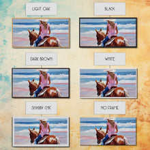 Load image into Gallery viewer, Cowgirl Riding Horse by the Ocean, Tranquil Framed Canvas Print, Perfect for Coastal Living Room Art, Beach Bedroom Decor, Horse Wall Art
