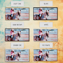 Load image into Gallery viewer, Cowgirl in Pink Shirt Riding Horse by the Sea, Beautiful Framed Canvas Print, Coastal Living Room Art, Beach Bedroom Decor, Horse Art
