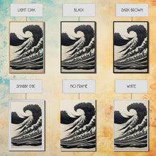 Carregar imagem no visualizador da galeria, Black and White Tsunami Waves, Japanese Style Art, Framed Canvas Print, Ready To Hang Framed Wall Art, Living Room Wall Decor
