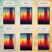 Cargar imagen en el visor de la galería, Chicago at sunset concept art, synthwave style, framed canvas print, ready to hang wall art with frame
