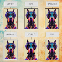 Load image into Gallery viewer, Cyberpunk Dobermann Pinscher Portrait, Watercolor, Framed Canvas Print, Ready To Hang Framed Wall Art, Living Room Wall Hanging
