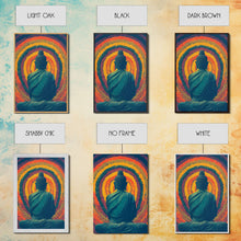 Cargar imagen en el visor de la galería, Colorful rainbow Buddha facing a ring of flowers, framed canvas print, yoga studio art
