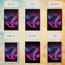Load image into Gallery viewer, Wolves Howling at the moon, 3 wolf moon, framed canvas print, vaporwave art, Animal art, predator art
