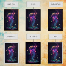 Load image into Gallery viewer, Bioluminescent Cosmic Jellyfish against a Starry night sky, JellyFish Art, Framed Canvas Print, synthwave style art
