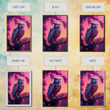 Load image into Gallery viewer, Cyberpunk Robot Owl, framed canvas print, Cybernetic android owl art, vaporwave aesthetic futuristic art

