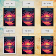 Load image into Gallery viewer, 8 bit pixel art sunset, synthwave style palm tree beach, framed canvas print, framed wall art painting
