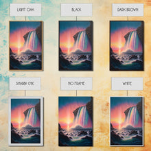 Carregar imagem no visualizador da galeria, A Mythical Waterfall and Rainbow pouring Into the ocean blue at sunset, framed canvas print
