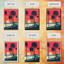 Load image into Gallery viewer, Midcentury Modern Wall Art, Mid Century Modern, 3 Piece Framed Canvas, 3 Panel Art, Triptych Art, Vaporwave Palm Trees and Sunset, 80s Retro
