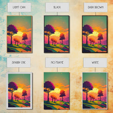 Load image into Gallery viewer, Retro Pop Art Landscape Art At Sunset, Framed Canvas Print, Outrun Style Trees and Sunset, Living Room Art
