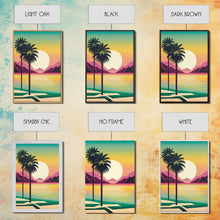 Load image into Gallery viewer, Framed Canvas Print - Art Deco Sunset Scene - Mountains, Palmtrees &amp; Beaches - Retro Style Art - Living Room Decor
