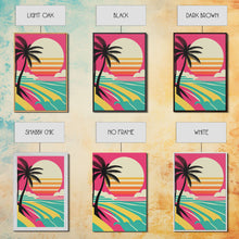 Load image into Gallery viewer, Framed Art Deco Canvas Print - Sunset Beach Scene, Minimalist Palms, Retro Style - Pink and Turquoise Vaporwave Art
