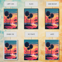 Load image into Gallery viewer, Framed Canvas Print - Art Deco Sunset, Beaches, Minimalist Palm Trees, Retro Synthwave, Vaporwave, 80s Vibes, Gamer Art, Bar Decor
