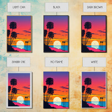 Load image into Gallery viewer, Framed Canvas Print - Art Deco Sunset, Beaches, Minimalist, Palmtrees, Retro Style, Synthwave, Vaporwave, 80s Style Decor, Palme Trees

