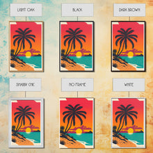 Load image into Gallery viewer, Framed Canvas Print - Art Deco Sunset, Beaches, Minimalist Palm trees - Island Vibes - Retro Tropical Art - Pop Art Beach Decor
