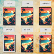 Load image into Gallery viewer, Framed Canvas Print | Art Deco Sunset, Beach, Palm Trees, Retro Style, Synthwave, Vaporwave, Island Vibes, Minimalist Beach Art
