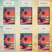 Load image into Gallery viewer, Framed Canvas Print – Art Deco Sunset Beach, Minimalist, Retro, Palm Trees, Synthwave, Vaporwave, Island Vibes, Lounging, Synthwave Deco
