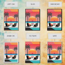 Load image into Gallery viewer, Framed Canvas Print - Art Deco Sunset, Minimalist Beach, Palm Trees, Retro Style, Synthwave, Vaporwave, Minimalist Abstract Decor
