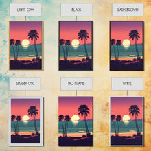 Load image into Gallery viewer, Framed Canvas Print - Art Deco Sunset, Palm Trees, Synthwave Vibes, Beach Decor, Vaporwave Pink Art, Miami Vibes

