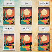 Load image into Gallery viewer, Pop Art Framed Canvas Print of Desert Landscape at Sunset, Outrun Style Sunset Full Moon Art, Unique 80s Vibe Retro Art, Art Deco
