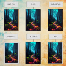 Load image into Gallery viewer, Luminescent magical forest canvas print, glowing trail though the trees, fantasy art
