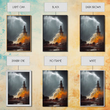 Load image into Gallery viewer, Lighthouse Oil Painting Canvas Print, Light house landscape print, Lighthouse in a storm with lightning and thunder, waves crashing
