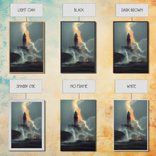 Load image into Gallery viewer, Lighthouse Oil Painting Canvas Print, Lightning striking a lighthouse during a dark stormy night, gloomy wall art
