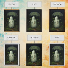 Carregar imagem no visualizador da galeria, Ghost Holding an Umbrella In The Rain, Vintage Halloween Canvas Print, Framed Canvas, Halloween Wall Art, Dark Academia, Spooky Haunted
