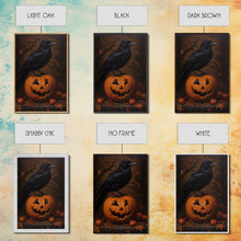 Load image into Gallery viewer, Crow Atop A Jack O Lantern, Framed Canvas Print, Halloween Decor, Raven Painting, Victorian Oil Painting Print, Macabre Horror Print
