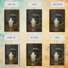 Load image into Gallery viewer, Goofy Ghost In The Rain,  Vintage Halloween Canvas, Framed Canvas Print, Cute Wall Art, Who's Haunting Who?
