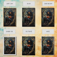 Carregar imagem no visualizador da galeria, Cute Witch Reading Spells To Her Black Cat Familiar, Vintage Halloween Art, Framed Canvas Print, Halloween Canvas Art, Witchcraft
